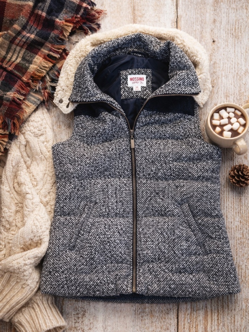 Mossimo Herringbone Faux Fur Hooded Vest Cozy Zip Up Large